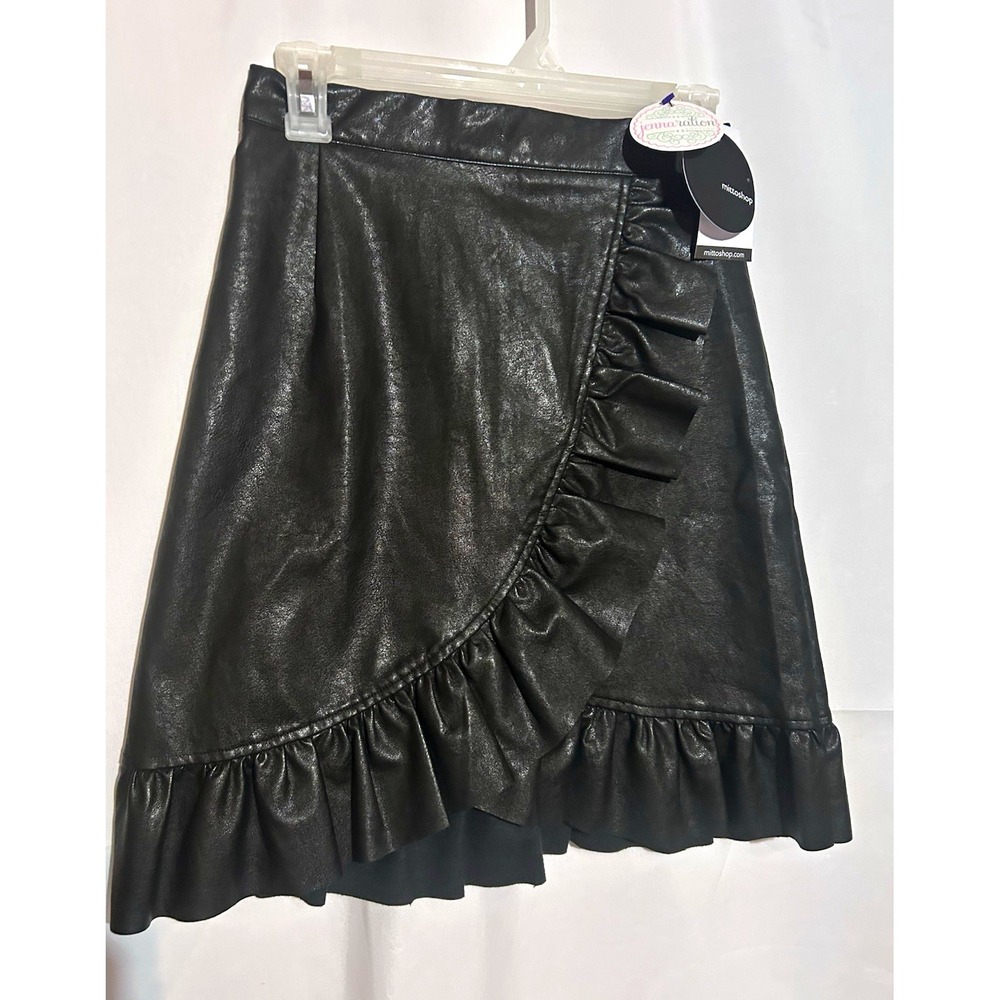 mittoshop Women's Black Faux Leather Ruffle Mini Skirt Size S